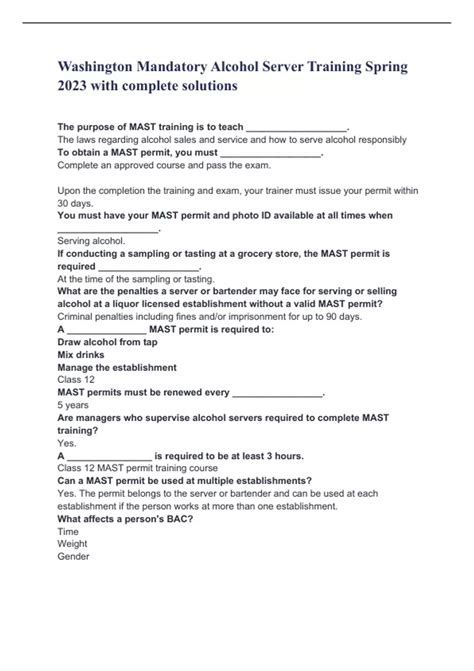 Washington Mandatory Alcohol Server Training Spring 2023 with complete ...