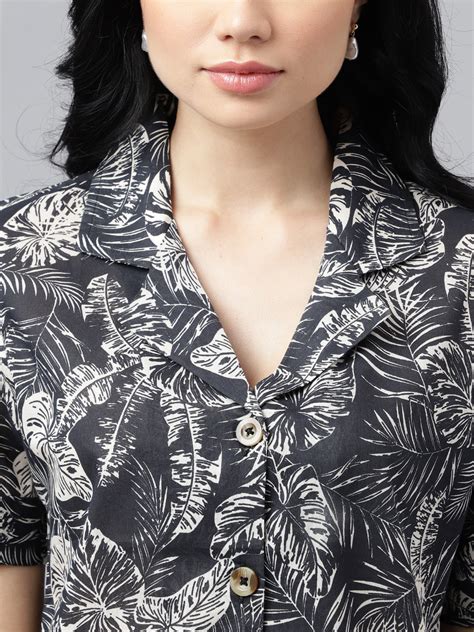 Women Black & Beige Tropical Print Pure Cotton Regular Fit Casual Shir