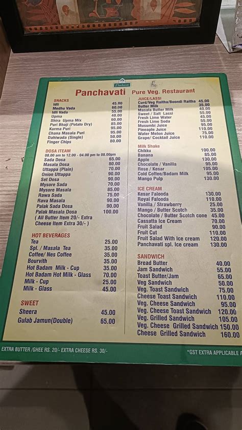 Menu at Panchavati, Belgaum, Hotel Ramdev International