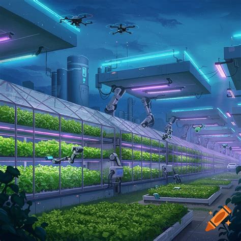 A futuristic high-tech indoor farm with robotic arms, drones, glowing ...