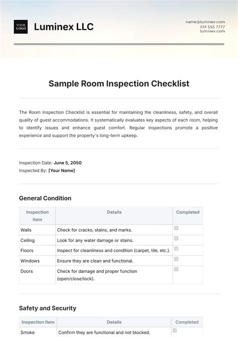 Free Sample Room Inspection Checklist Template to Edit Online