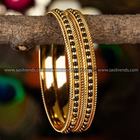 Exquisite Micro Gold Plated Black Bead Bangles - Traditional Elegance ...