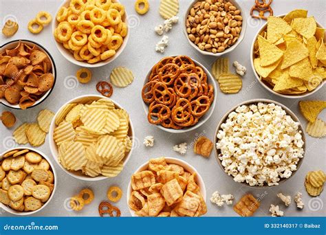 Set of Many Bowl with Different Salty Snacks. Chips, Popcorn, Nuts ...
