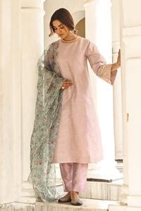 Buy Purple Organza, Dupion Silk Floral High Neck Placement Embroidered ...