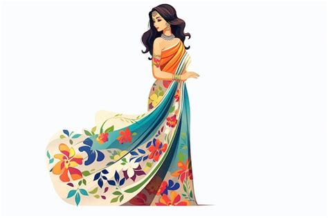 Indian woman in floral pattern saree flat design vector on white ...