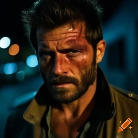 Rugged spanish man with burn scars wearing leather jacket in san ...