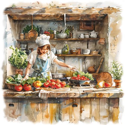 10 Happy Cook in Countryside Clipart, Cooking Woman Clipart, Watercolor ...