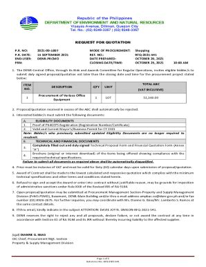 Fillable Online REQUEST FOR QUOTATION P.R. NO: 2021-09-1897 ... - DENR ...