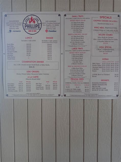 Menu at Phillips Bar-B-Que, Los Angeles, Crenshaw Blvd