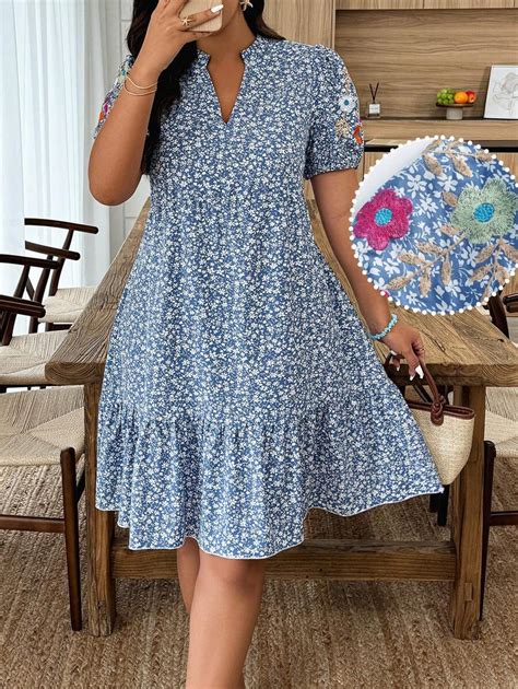 Weeklong Plus Size Women Vacation Floral Embroidered V-Neck Puff Sleeve ...