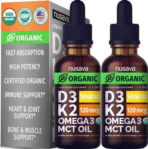 (2 Pack) Organic Vitamin D3 K2 Drops w MCT Oil Omega 3, 5000 IU, Vitamin D Liquid 5000 IU, No ...