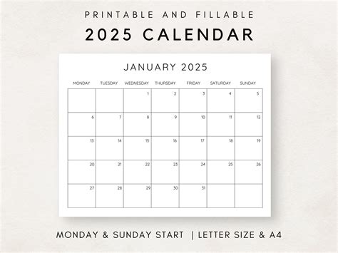 2025 Calendar Monthly Printable