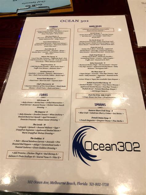Menu at Ocean 302 steakhouse, Melbourne Beach