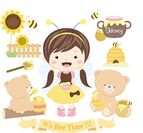 Honey Bee Girl and Bear Element Set | Vetor Premium