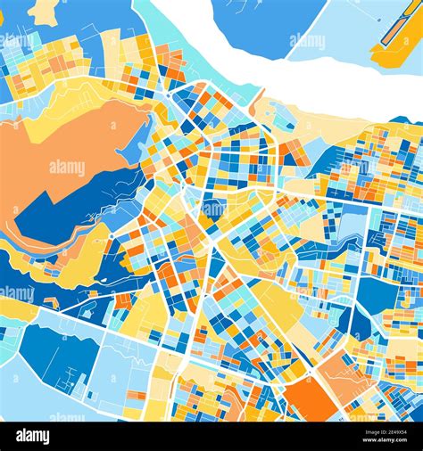 Color art map of Villavicencio, Colombia, Colombia in blues and oranges. The color gradations in ...