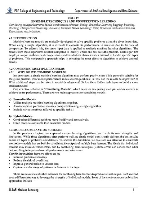 CS3491 - AI&ML - Unit 4 - Ensemble Techniques & Unsupervised Learning ...