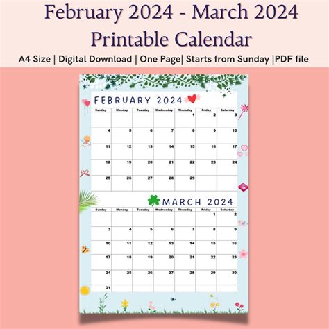 Buy February 2024 Calendar,march 2024 Calendar Printable,feb 2024 Mar ...