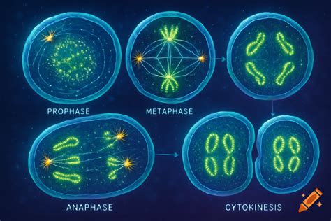 An illustration showing the stages of animal cell mitosis: prophase, metaphase, anaphase, and ...
