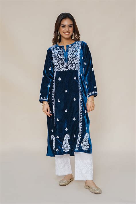House Of Kari(Chikankari Clothing) - Velvet Chikankari Long Kurta in Blue