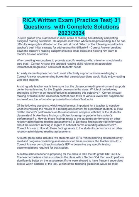 RICA Written Exam (Practice Test) 31 Questions with Complete Solutions ...