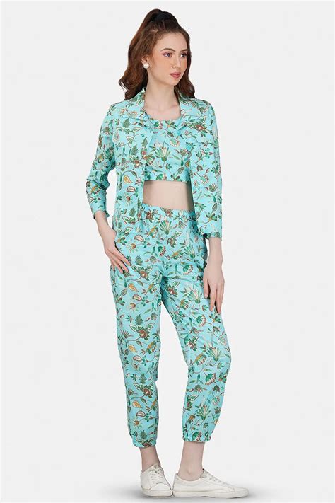 Blue Hand Printed Jacket Set With Inner & Trouser – Gulab Chand Trends
