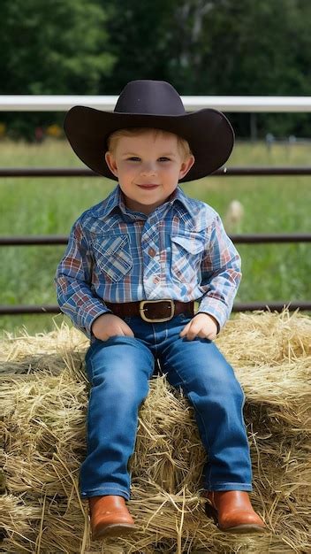 Little cowboy sitting on hay | Premium AI-generated image