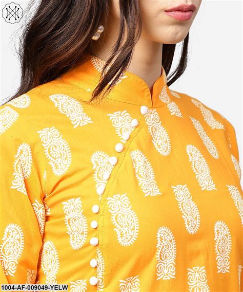 Yellow Printed 3/4Th Sleeve Cotton A-Line Kurta With Flared Ankle Leng ...