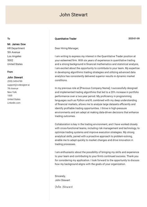18 Quantitative Trader Cover Letter Examples And Templates for 2026 - ResumeDesign.ai