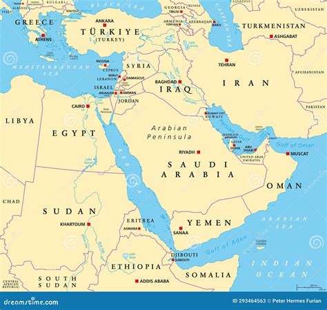The Middle East, Political Map with Capitals and International Borders ...