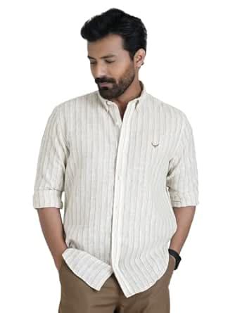 PERCH Mustard Striped Linen Shirt for Men's | Collar Neck Full Sleeves ...