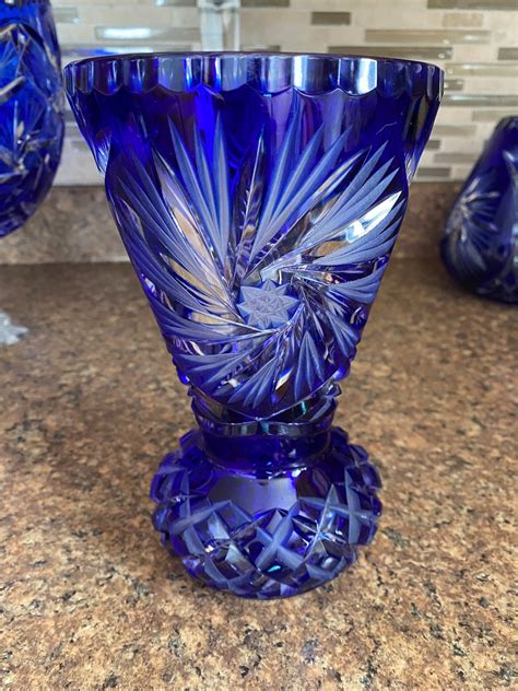 Vintage Heavy Bohemian Cobalt Blue Vase, Cut to Clear Crystal Vase ...