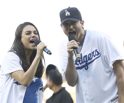 Mila Kunis & Ashton Kutcher - Annouce the LA Dodgers vs Chicago Cubs ...