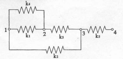 【计算题】由五根弹簧组成的系统，共有4个节点如图示，各弹簧的刚度系数分别为k1=k2=k3=k,k4=2k,k5=3k,-自考生网