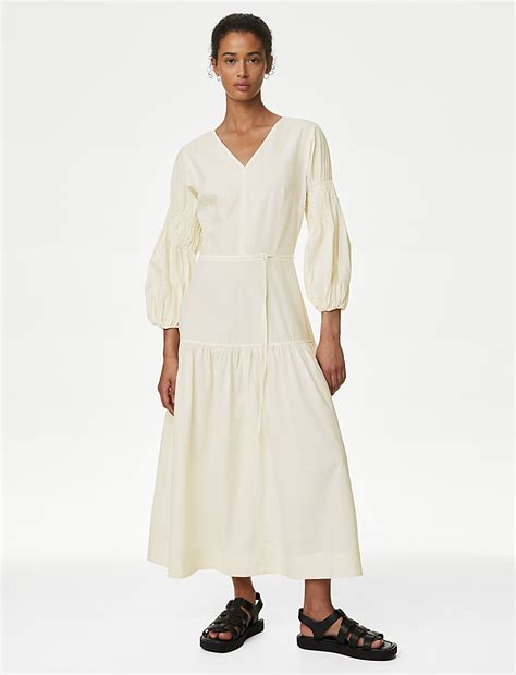 Buy Cotton Blend V-Neck Midi Tiered Dress at Marks & Spencer