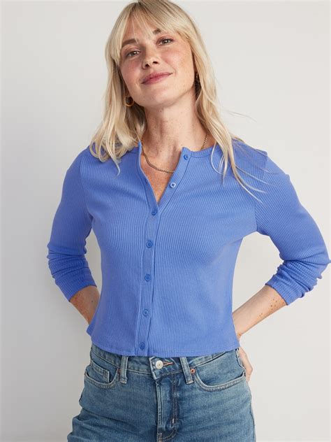 Cropped Rib-Knit Button-Down T-Shirt for Women | Old Navy