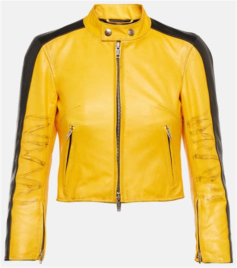 Cropped leather jacket in yellow - Balenciaga | Mytheresa