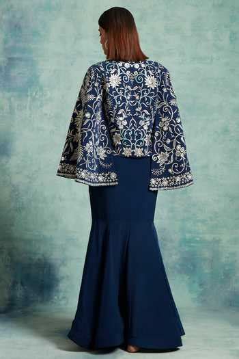 Buy Blue Crepe Embroidery, Sequins Sweetheart Neck, Open Jacket Fish ...