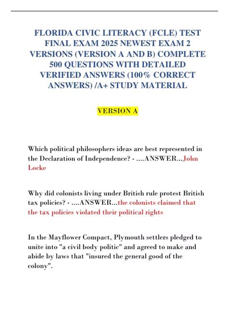 FLORIDA CIVIC LITERACY (FCLE) TEST FINAL EXAM 2025 NEWEST EXAM 2 ...