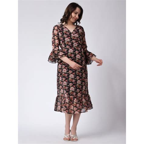 Buy Moms Maternity Womens Georgette Floral Print Black Midi Wrap Dress ...