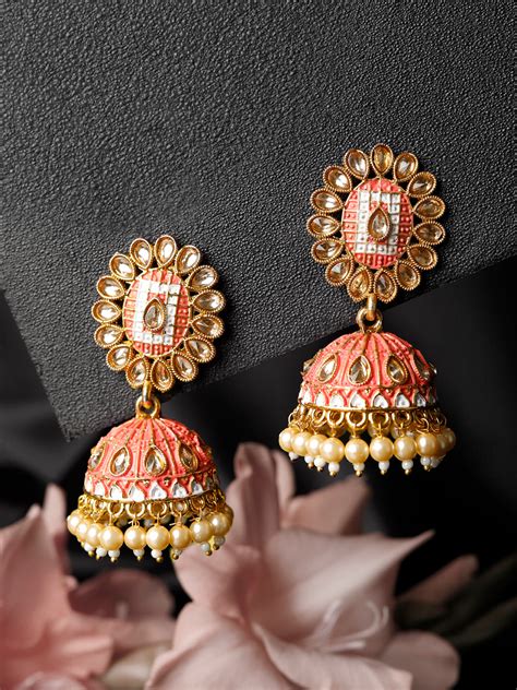 Pink Meenakari Kundan Studded Gold Plated Jhumkas – Priyaasi