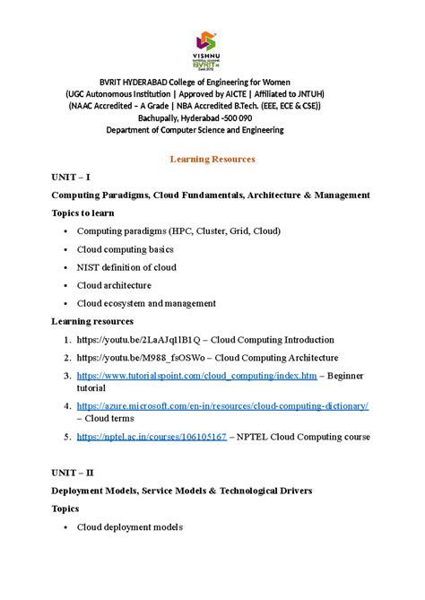 BVRIT HYDERABAD CSE Unit Wise Question Bank on Cloud Computing - Studocu