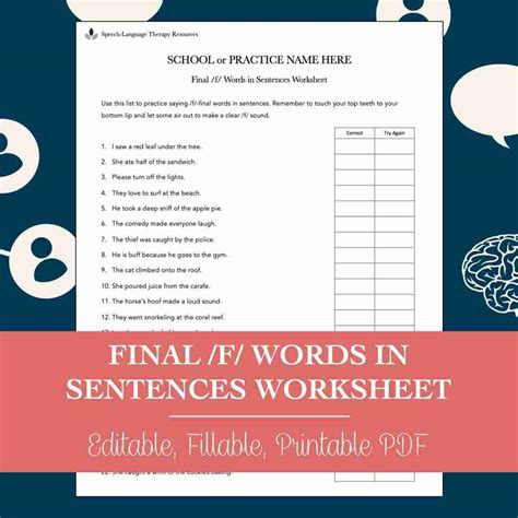 Final /F/ Words in Sentences Worksheet for Speech Therapy (Editable ...