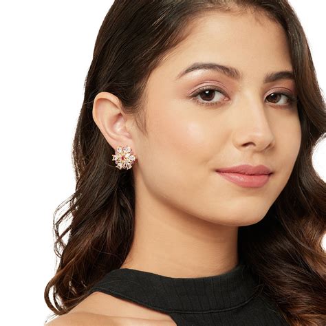 Shimmering Floret American Diamond CZ Gold Plated Brass Spiral Stud Ea ...