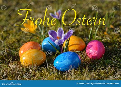 Happy Easter in German with Several Colorful Easter Eggs Lying O Stock ...