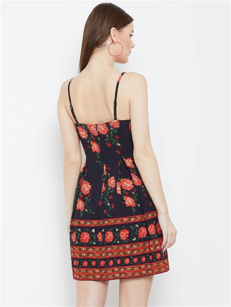 Berrylush Women Navy Blue & Orange Floral Printed Square Neck Flared F