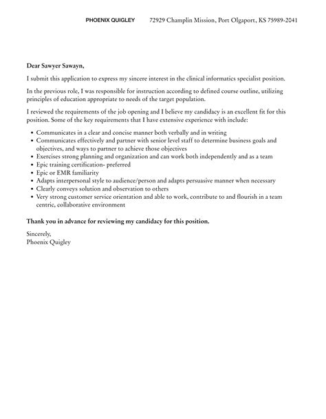 Clinical Informatics Specialist Cover Letter | Velvet Jobs