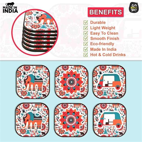 Wooden Coaster Set Of 6 Vibrant India Design | Buy Coasters Online ...