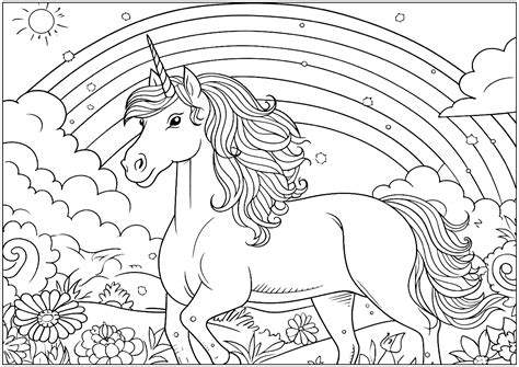 Unicorn with a pretty rainbow - Unicorn Coloring Pages