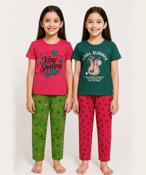 Cotton Girls Night Suit Co-ord Set Combo / Tshirt and Night Pant / Age ...