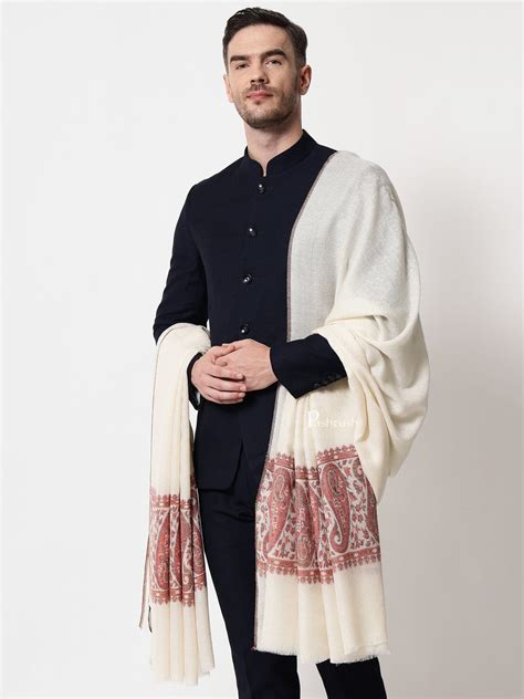 Pashtush men Extra Fine Wool shawl, Ethnic Palla design, Ivory ...